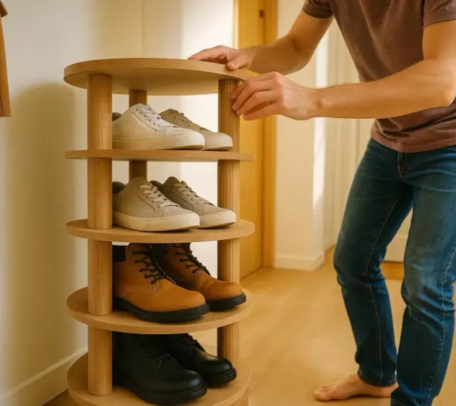 Étagère à chaussures ronde en bois, parfaite pour organiser vos chaussures. Un exemple de meubles DIY astucieux.