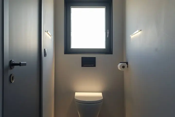 Une toilette moderne avec une fenêtre au-dessus, éclairée par des appliques murales discrètes. Un rouleau de papier toilette est à portée de main.