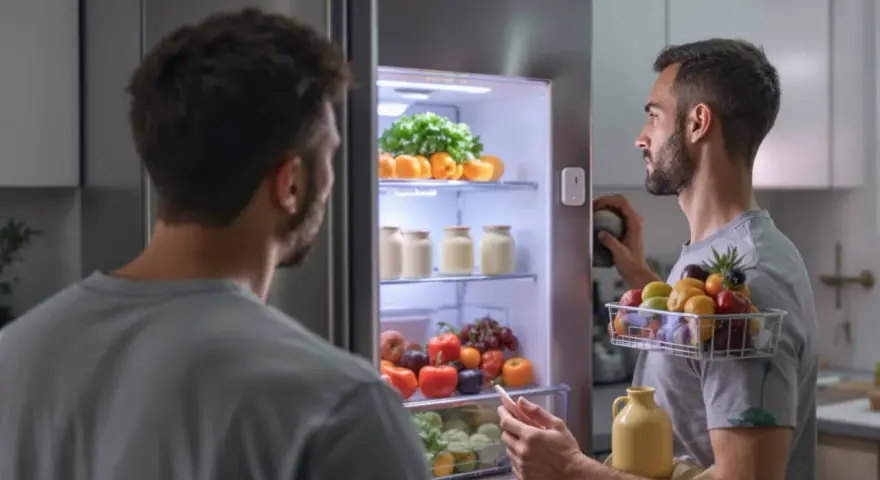 Deux hommes devant un frigo rempli de fruits et légumes. L'un tient une corbeille de fruits, l'autre un téléphone. Mon frigo ne refroidit plus mais congélateur fonctionne.
