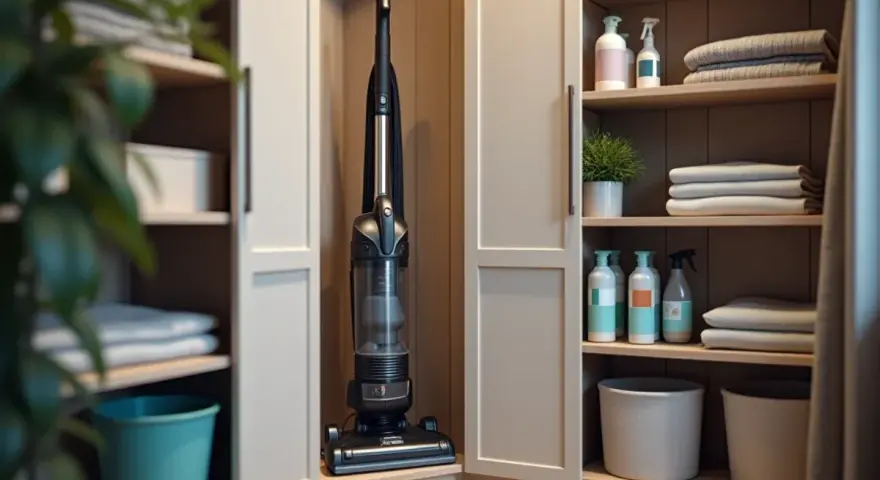 Un aspirateur trône dans un coin de ce rangement balai fait maison, à côté de produits ménagers et de serviettes pliées.