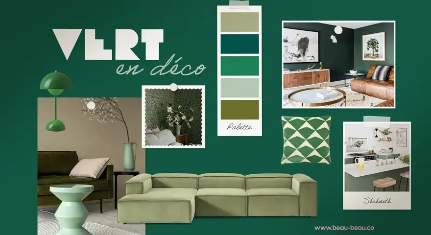 Inspiration déco : quelle couleur avec du vert sapin ? Des canapés, coussins, lampes et palettes de couleurs pour un intérieur serein.