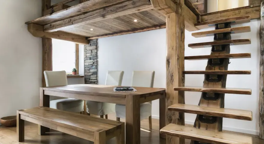 Une salle à manger rustique avec une table en bois, des chaises et un banc, sous une mezzanine maison ancienne aux poutres apparentes. L'escalier en bois brut complète le décor.