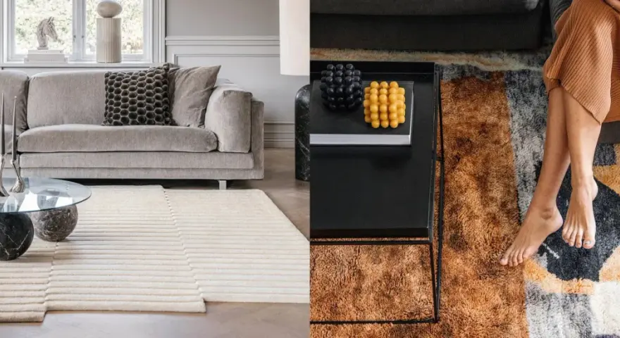 Quel tapis avec canapé gris, un salon moderne avec un tapis texturé et un tapis abstrait aux couleurs chaudes.