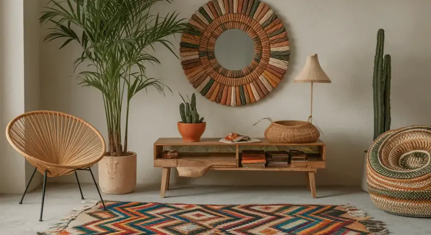 Un salon chaleureux avec une chaise Acapulco, un tapis coloré et un miroir artisanal, créant une ambiance mexicaine authentique.