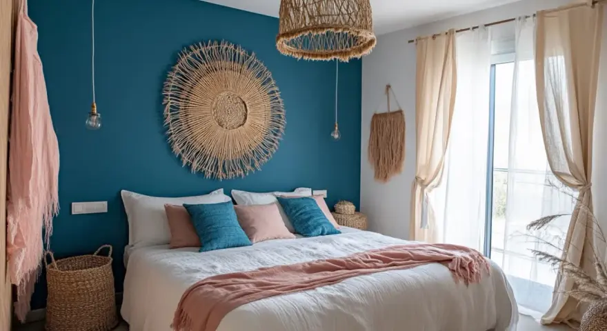 Chambre avec deco bleu canard et bois. Un grand soleil mural en paille, coussins bleus et roses, et un plaid pêche sur le lit.
