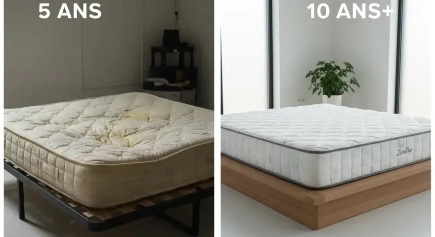 Comparaison de la durée de vie d'un matelas : un vieux matelas usé à 5 ans et un nouveau matelas impeccable à 10 ans+.