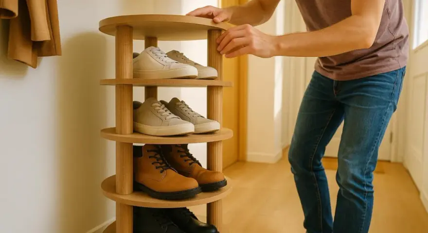 Étagère à chaussures ronde en bois, parfaite pour organiser vos chaussures. Un exemple de meubles DIY astucieux.