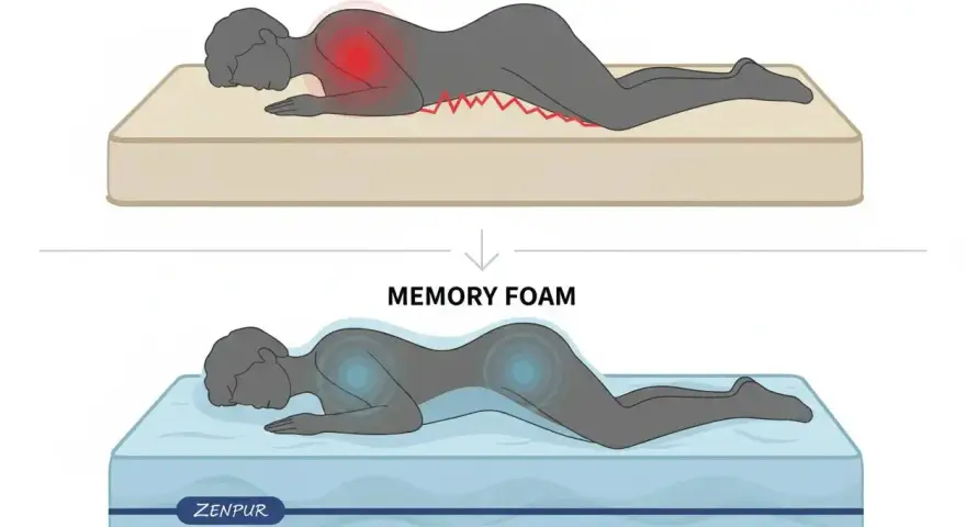 Comparaison de matelas : un matelas dur cause des douleurs (rouge) tandis qu'un matelas en mousse à mémoire de forme offre un soutien optimal (bleu), évitant les mauvais matelas symptômes.