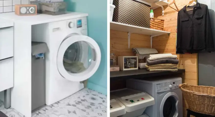Idées pour aménager une petite buanderie : machine à laver, paniers à linge, étagères et rangements astucieux.