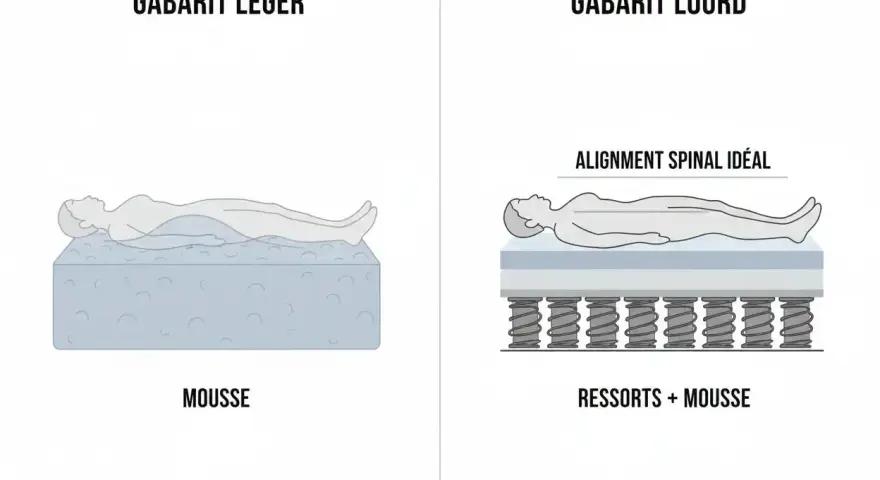 Comparaison : matelas en mousse (gabarit léger) affaissant le corps, et matelas à ressorts + mousse (gabarit lourd) assurant un alignement spinal idéal.