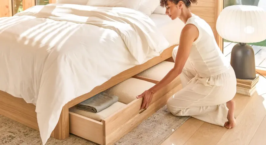 Une femme range des draps dans un tiroir de lit en bois.