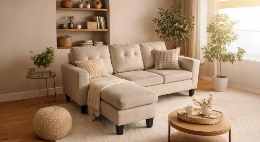 Un salon cosy avec un canapé d'angle beige, des coussins texturés, une couverture jetée et des plantes. La dimension canapé est parfaite pour ce coin détente.