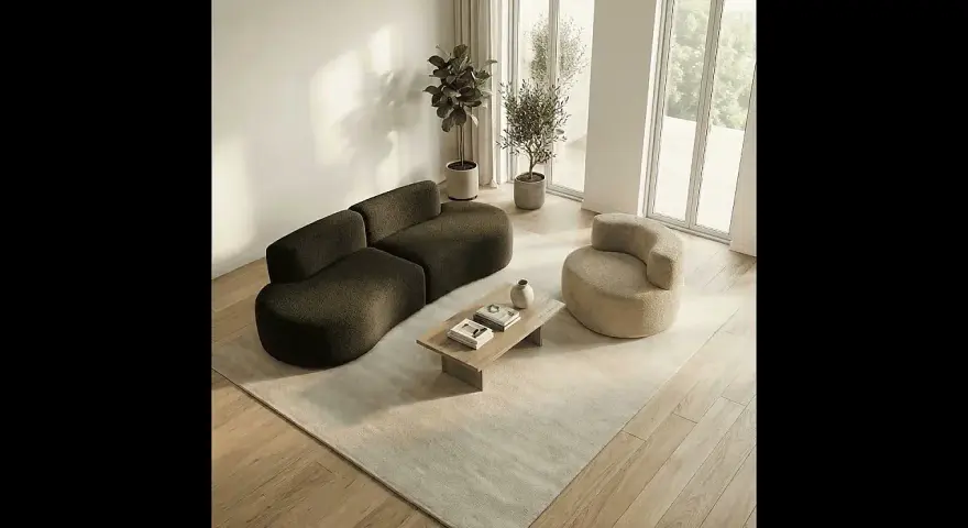 Un salon moderne avec un canapé incurvé marron chocolat et un fauteuil rond beige, une table basse en bois et un tapis clair.