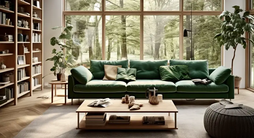 Canapé vert sapin pantone, entouré de verdure luxuriante à travers une grande fenêtre. Bibliothèque en bois, table basse et pouf complètent ce salon paisible.