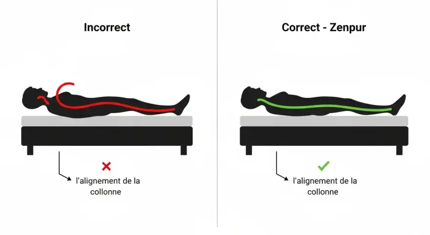 Illustration comparant un mauvais alignement de la colonne vertébrale (rouge) et un bon alignement (vert) pour éviter le mal de dos. Bien choisir son matelas aide à retourner son matelas mal de dos.