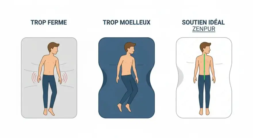 Un homme sur un matela dur, trop ferme, montre une mauvaise posture. Un matelas trop mou le fait s'enfoncer. Le soutien idéal maintient la colonne vertébrale droite.