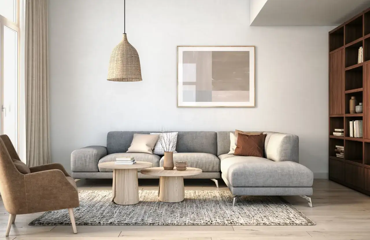 Canapé d'angle gris avec coussins beiges et marron. Une table basse en bois, un fauteuil marron et une bibliothèque en bois complètent le salon.