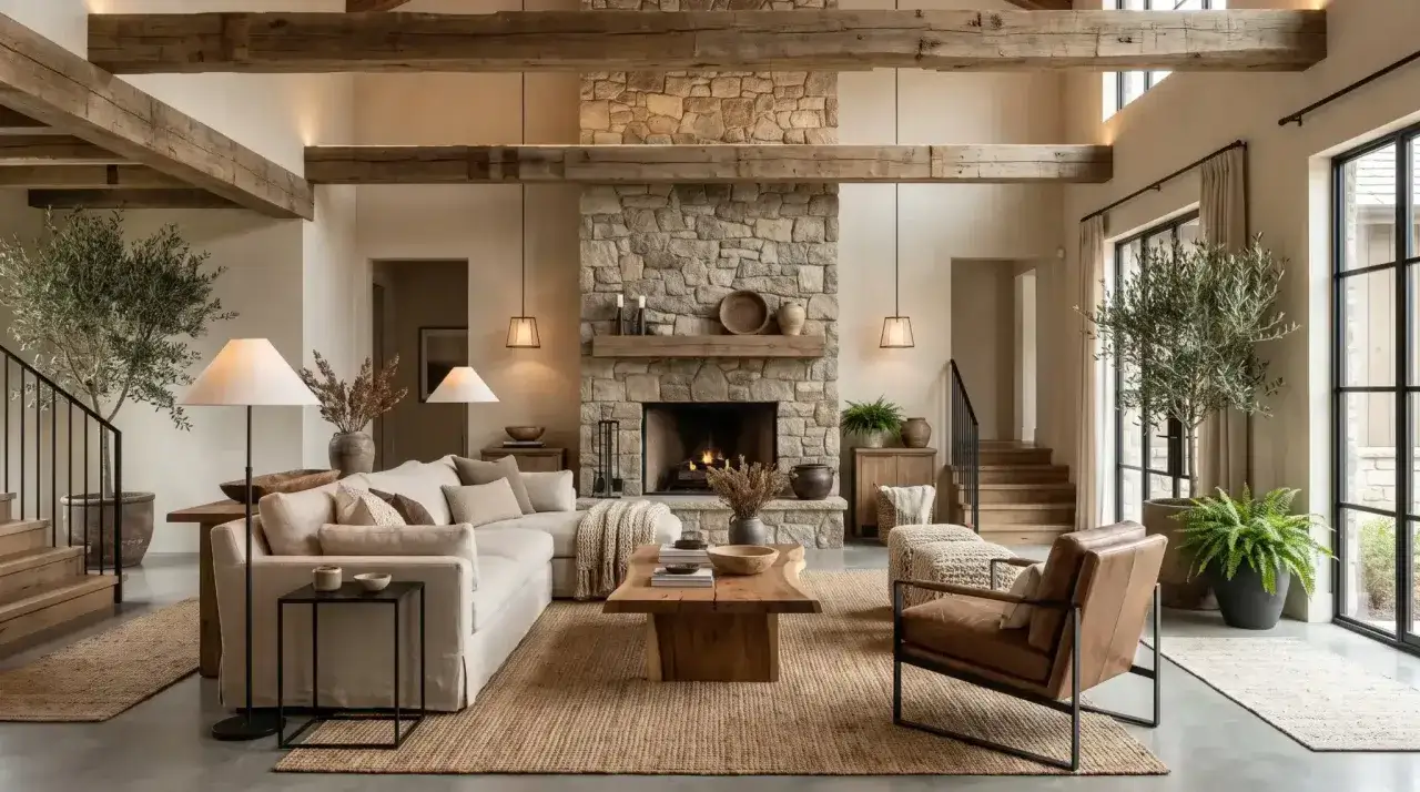 Un salon chaleureux avec cheminée en pierre, poutres apparentes et mobilier confortable. Une belle idee deco salon pour une ambiance rustique chic.