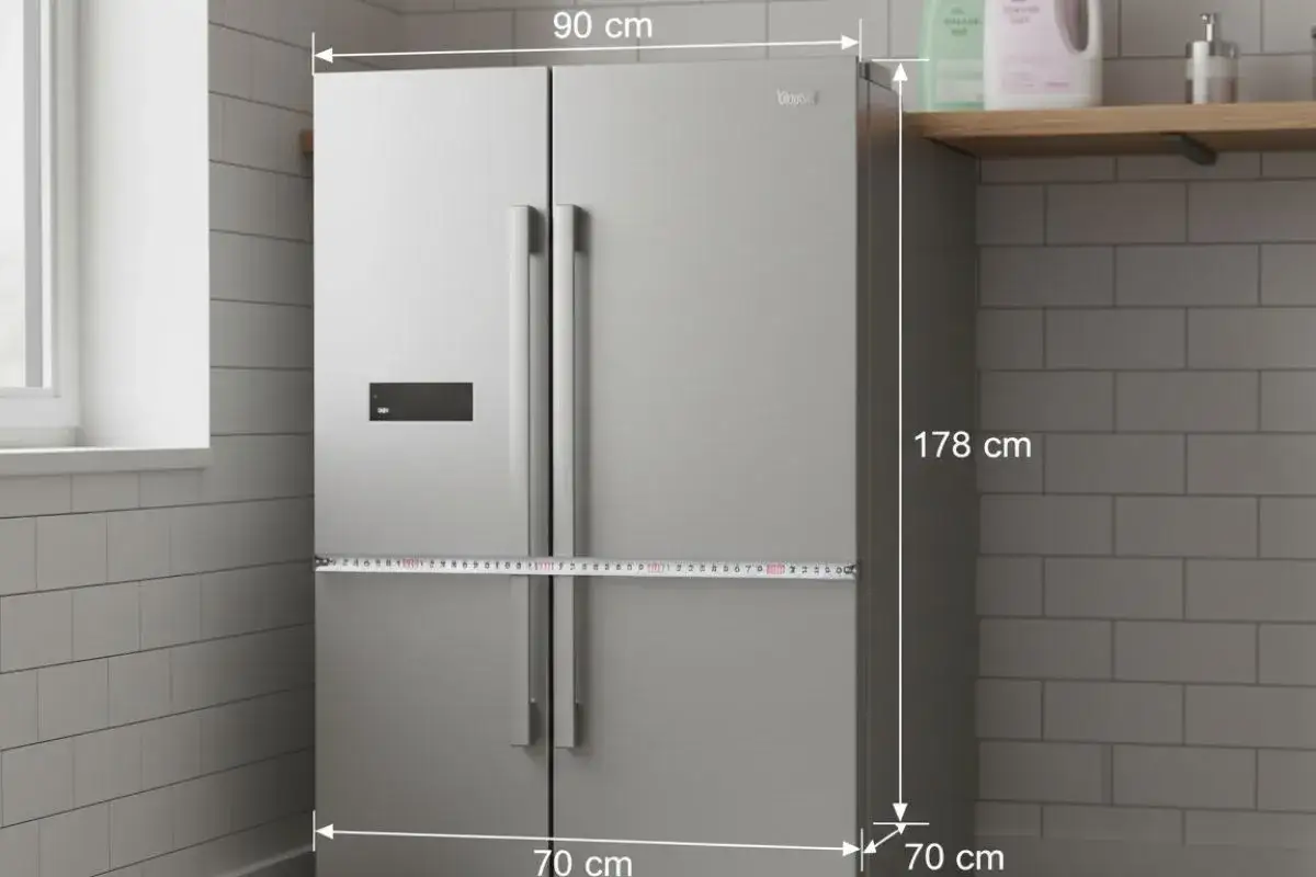 R&eacute;frig&eacute;rateur argent&eacute; mesurant 90 cm de large, 178 cm de haut et 70 cm de profondeur, une taille frigo standard pour une cuisine moderne.