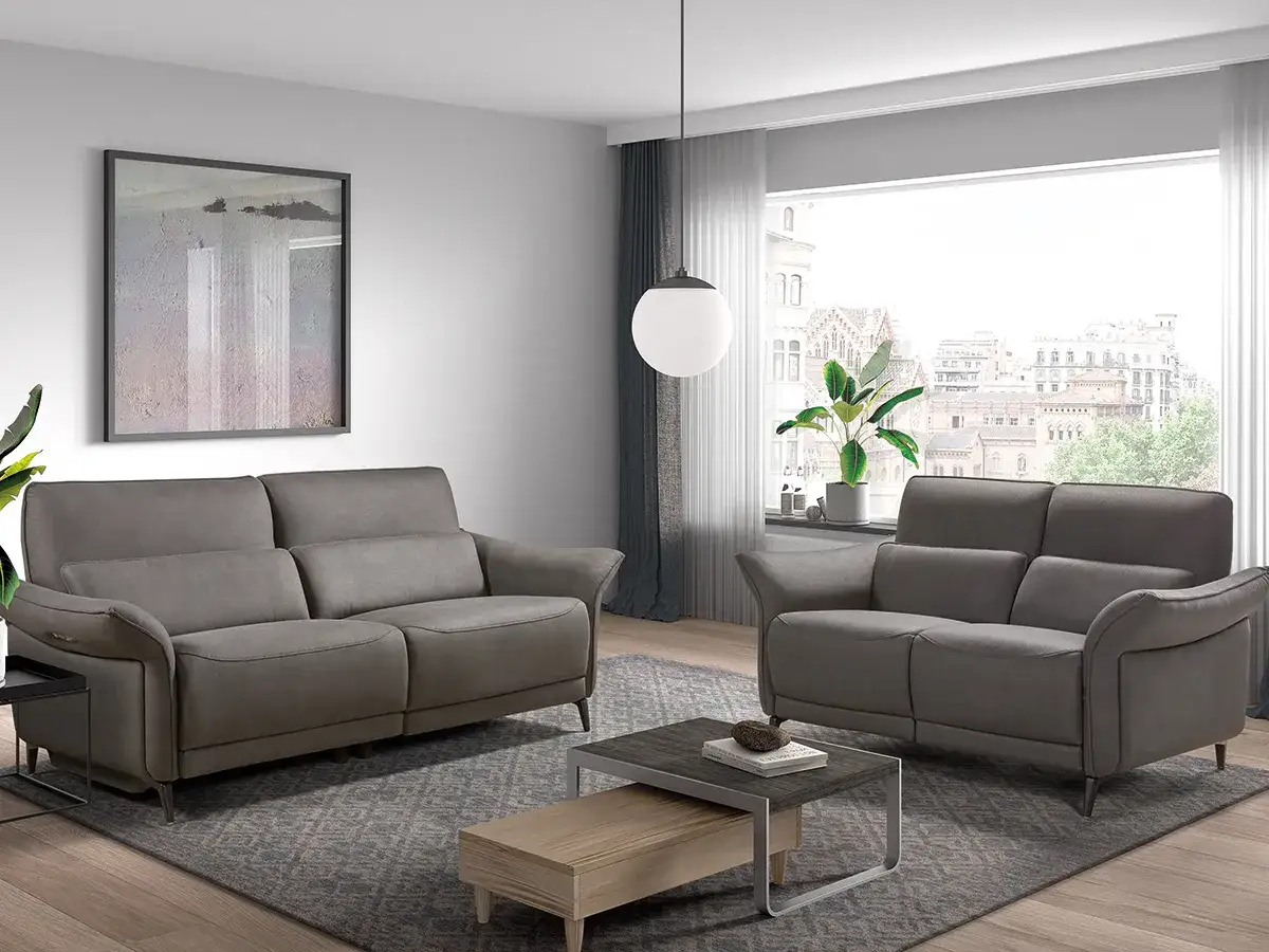 Canap&eacute;s en microfibre : confort et entretien facile, mais attention aux taches. Ces mod&egrave;les gris s'int&egrave;grent dans un salon moderne.