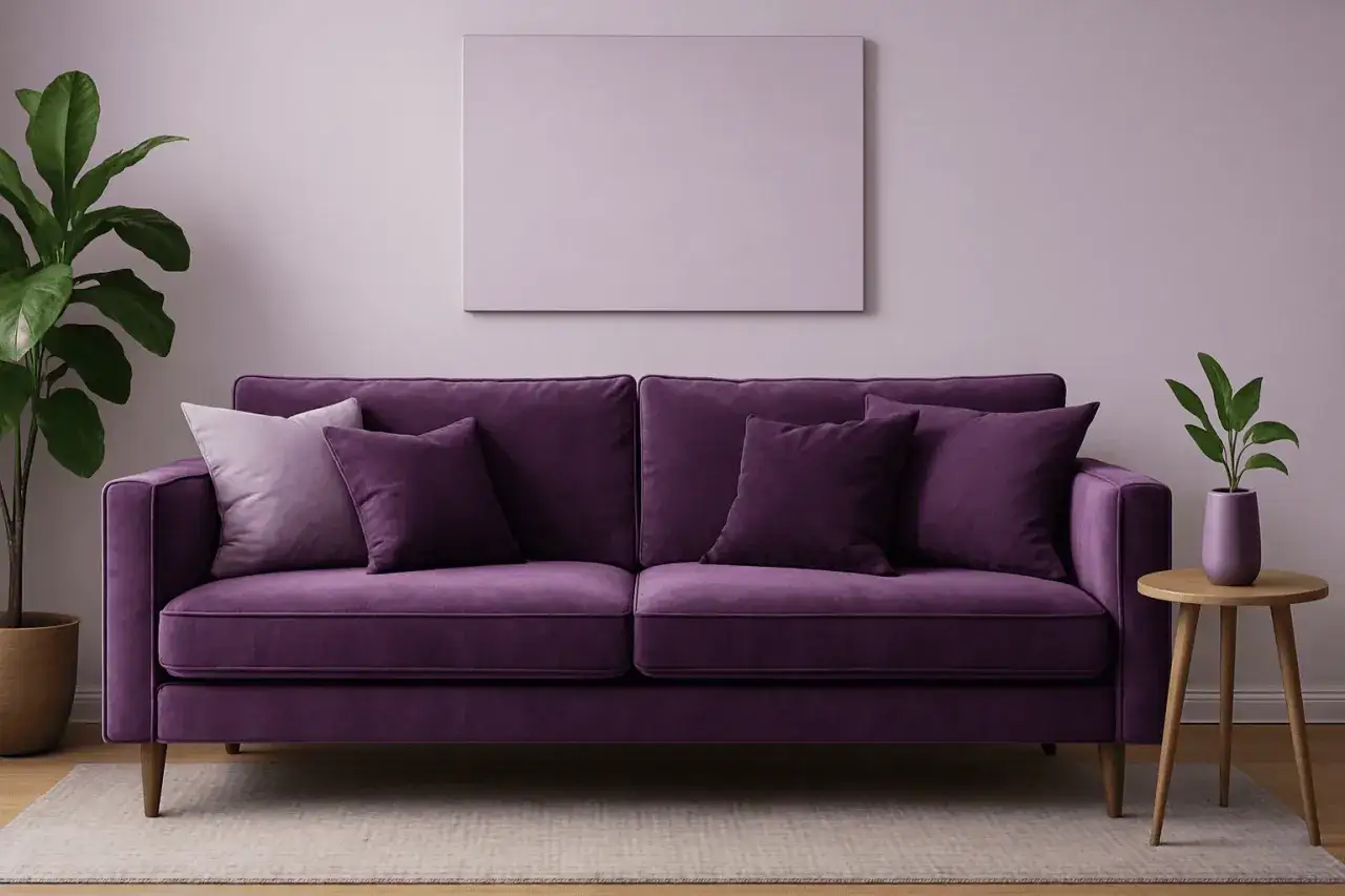 Canapé velours violet profond, avec coussins assortis et un tableau abstrait au-dessus. Une plante verte et un vase dans la même couleur ultraviolet complètent l'ambiance.