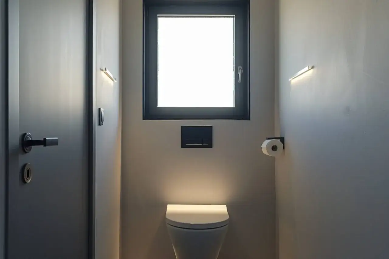 Une toilette moderne avec une fen&ecirc;tre au-dessus, &eacute;clair&eacute;e par des appliques murales discr&egrave;tes. Une porte grise et un rouleau de papier toilette compl&egrave;tent la sc&egrave;ne.