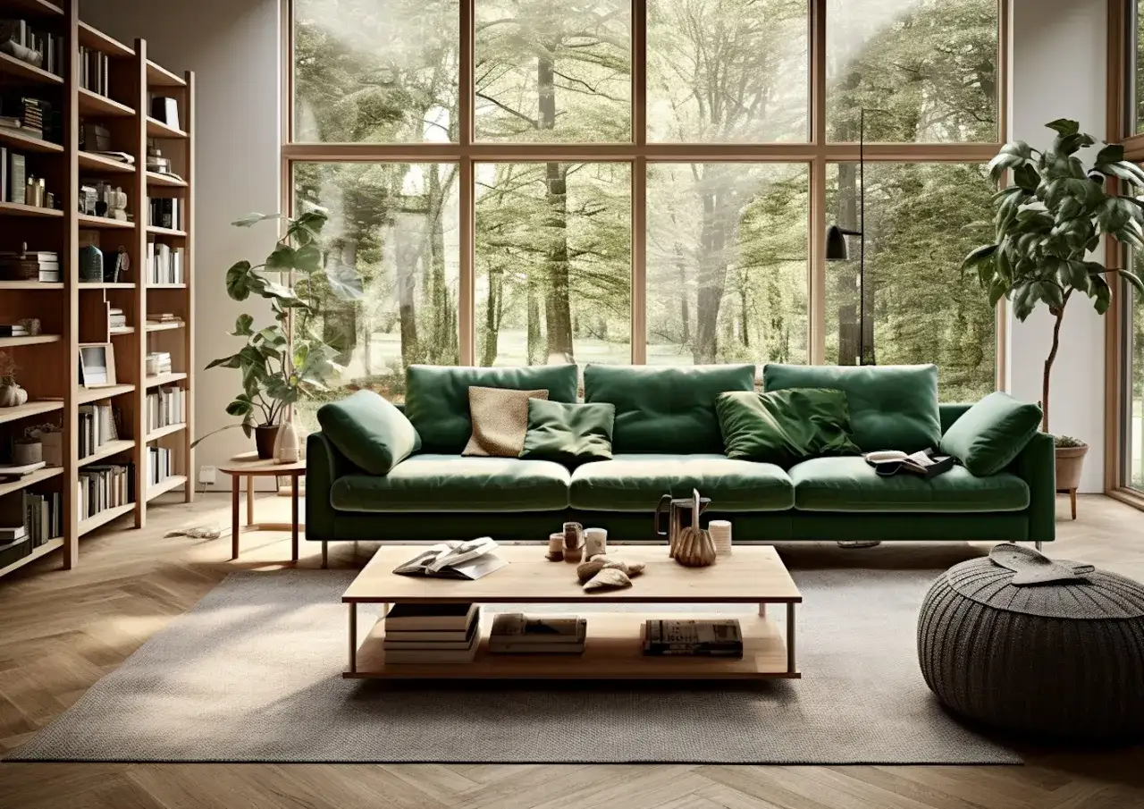Canapé vert sapin pantone, entouré de verdure luxuriante à travers une grande fenêtre. Une bibliothèque en bois et une table basse complètent ce salon paisible.