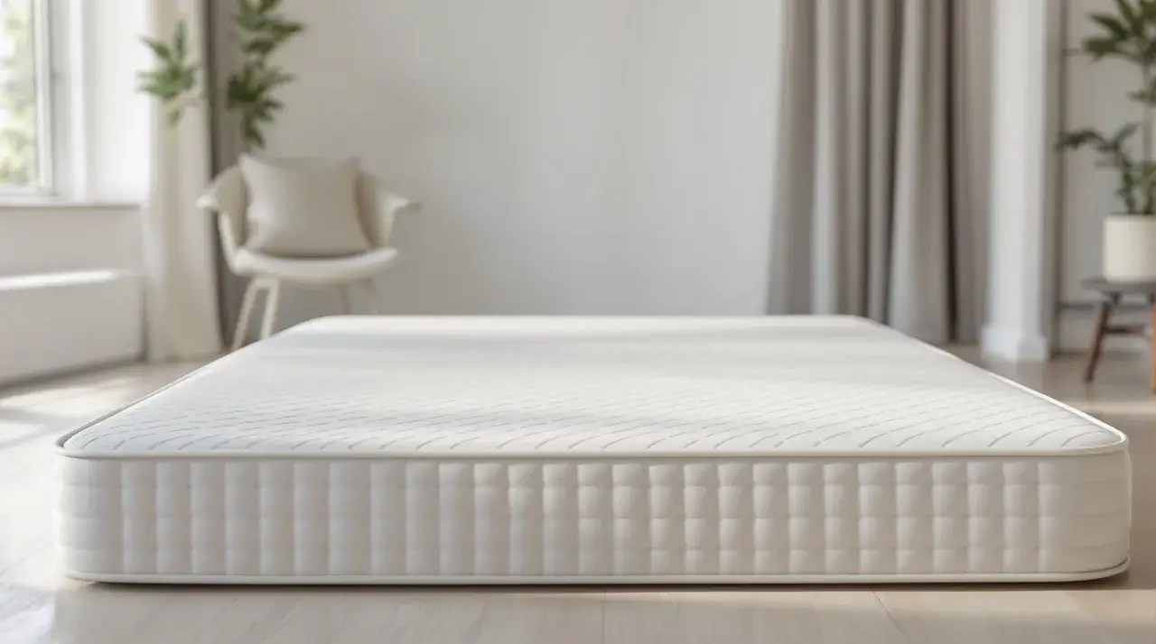 Un matelas blanc sur un parquet. Un fauteuil et des plantes en arri&egrave;re-plan. Comment choisir une bonne literie pour un sommeil r&eacute;parateur.