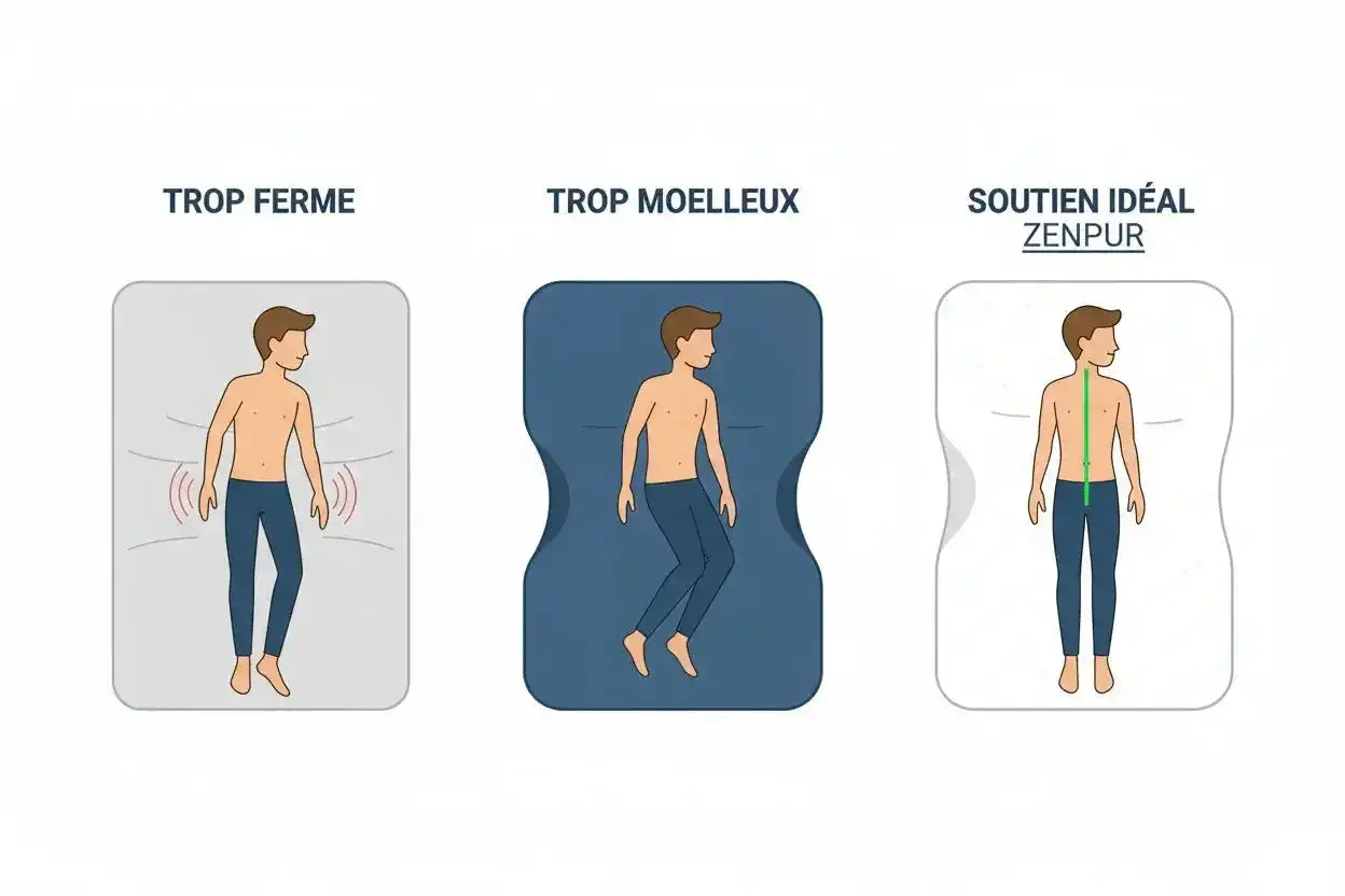 Comparaison : matela dur ou mou. Un matelas trop ferme cause des points de pression, un trop moelleux un affaissement. Le soutien id&eacute;al maintient la colonne vert&eacute;brale align&eacute;e.