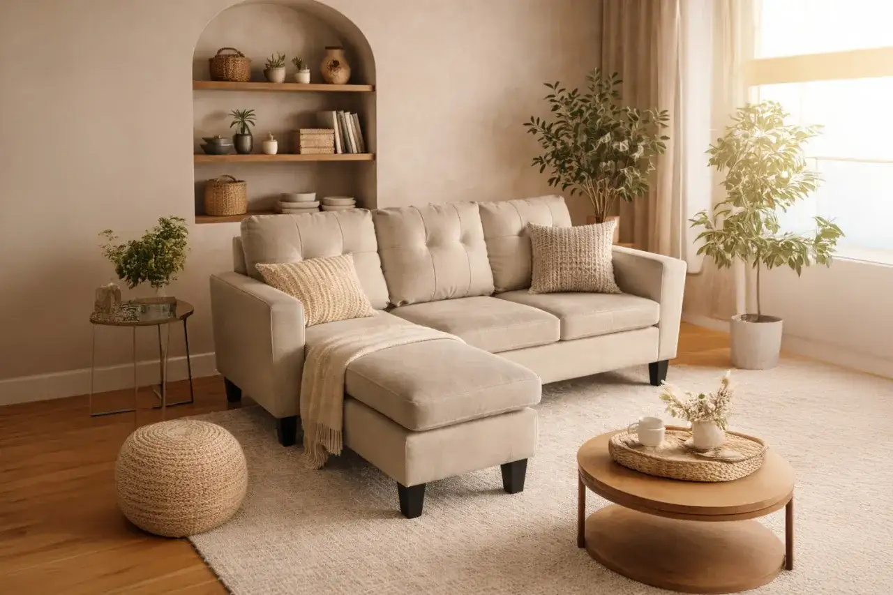 Canapé d'angle beige confortable, sa hauteur est parfaite pour un salon cosy. Des coussins texturés et un plaid ajoutent du confort.