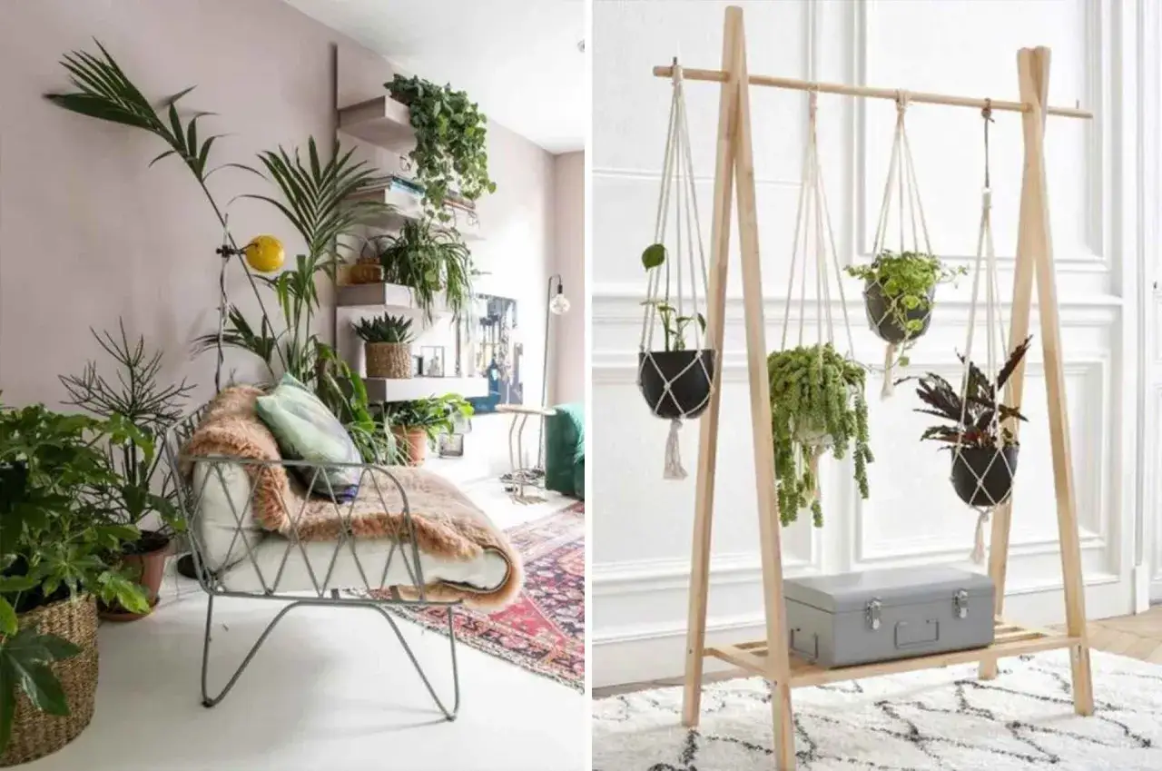 Un coin plantes salon boh&egrave;me avec un fauteuil confortable et des &eacute;tag&egrave;res remplies de verdure. &Agrave; droite, un portant en bois suspend des plantes en macram&eacute;.