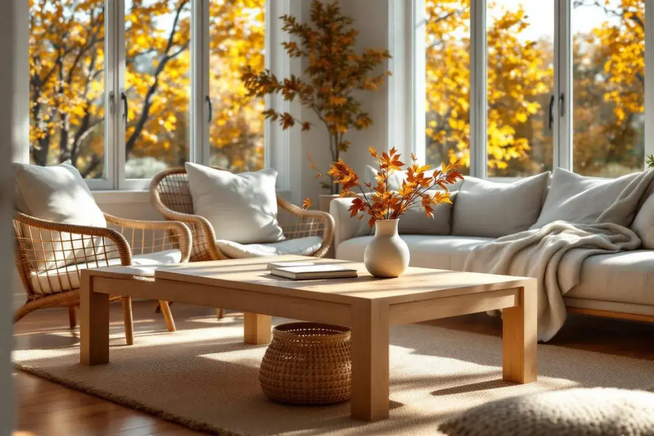 Salon lumineux avec fauteuils en rotin, canapé confortable et bouquet de feuilles d'automne. Une ambiance chaleureuse pour une deco campagne boheme.