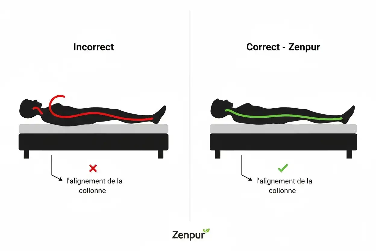 Illustration montrant comment bien dormir pour &eacute;viter le mal de dos. Un mauvais alignement de la colonne vert&eacute;brale (rouge) vs un bon alignement (vert).