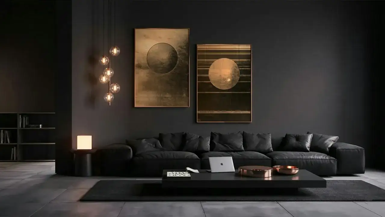 Salon moderne aux murs sombres, rehaussé par des œuvres d'art cuivrées et une suspension lumineuse. Une couleur lumineuse pour pièce sombre qui crée une ambiance chaleureuse.