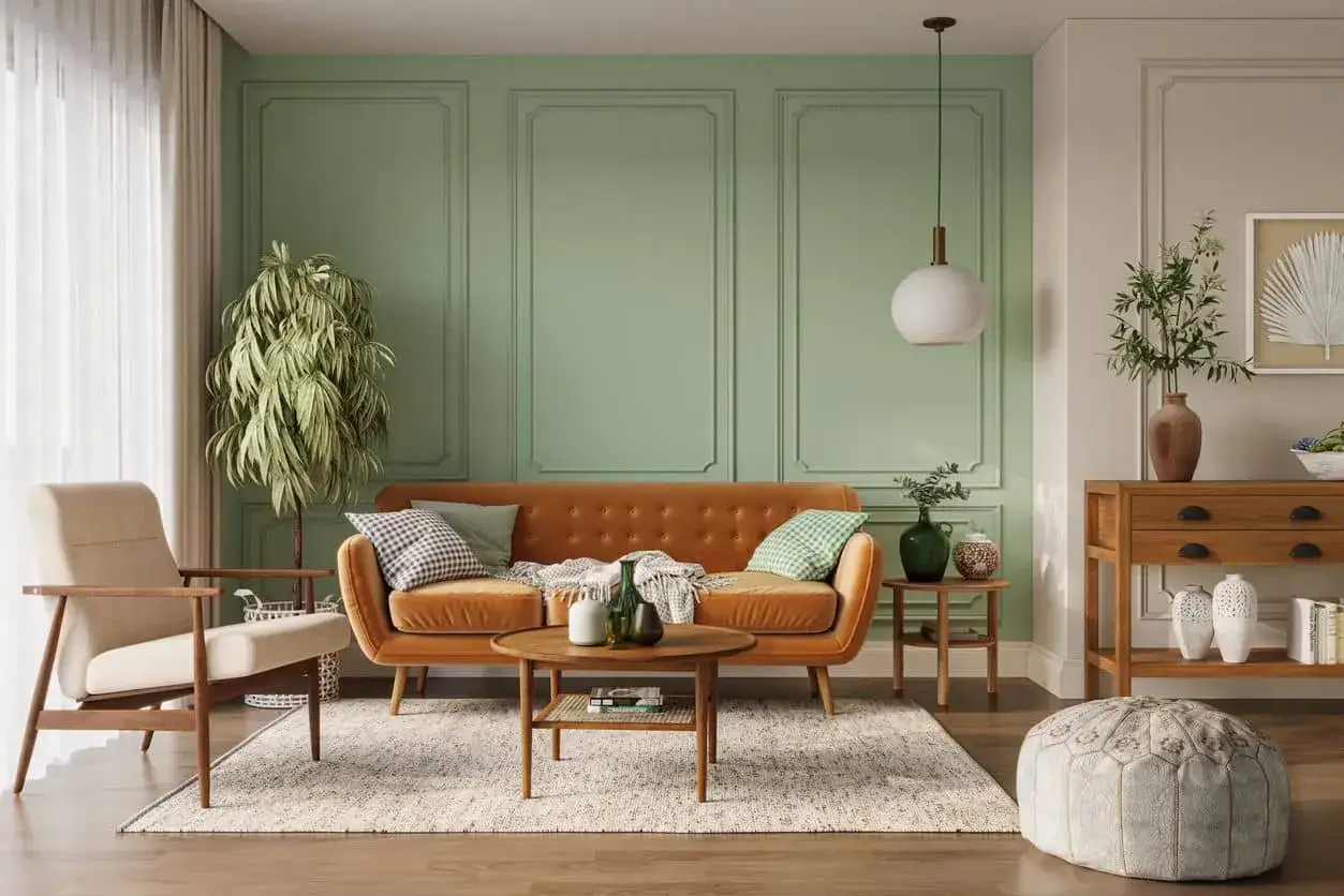 Un salon ocre chaleureux avec un canap&eacute; orange, un fauteuil beige, une plante verte et un mur orn&eacute; de moulures.