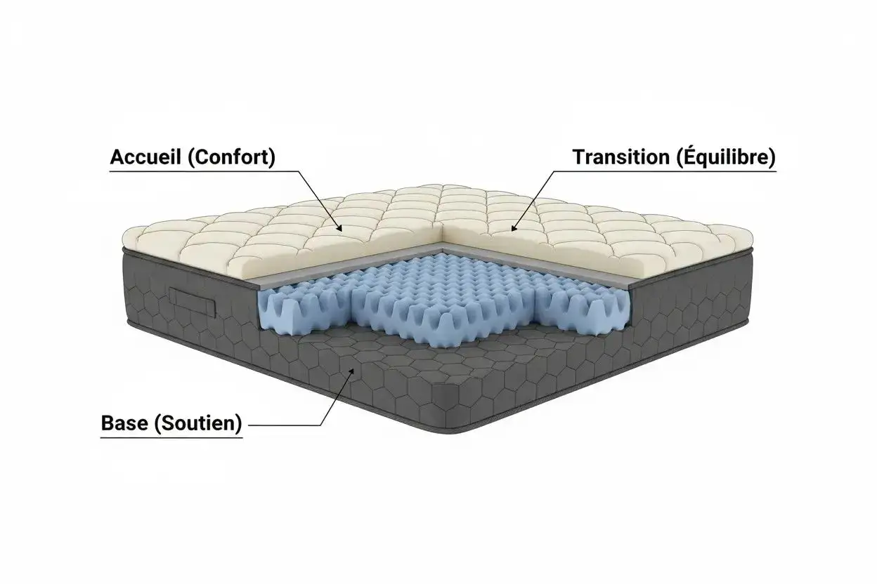 Coupe d'un matelas montrant ses couches : accueil (confort), transition (&eacute;quilibre) et base (soutien). Sa bonne &eacute;paisseur de matelas assure un sommeil r&eacute;parateur.