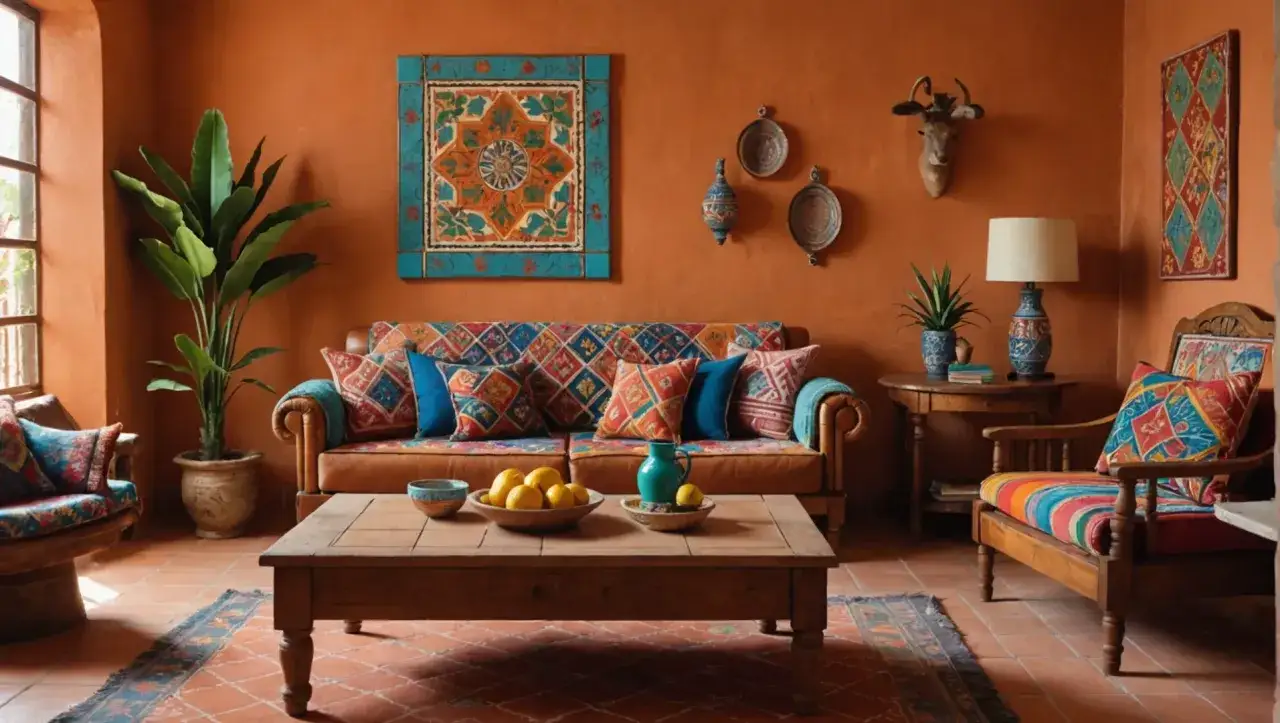 Salon chaleureux avec des couleurs vives, des motifs ethniques et une plante luxuriante, cr&eacute;ant une ambiance mexicaine authentique.
