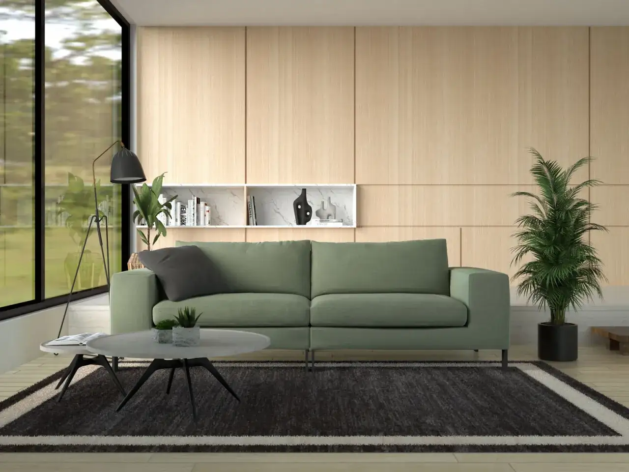 Quel tapis avec canap&eacute; gris, des coussins et une plante verte dans un salon moderne.