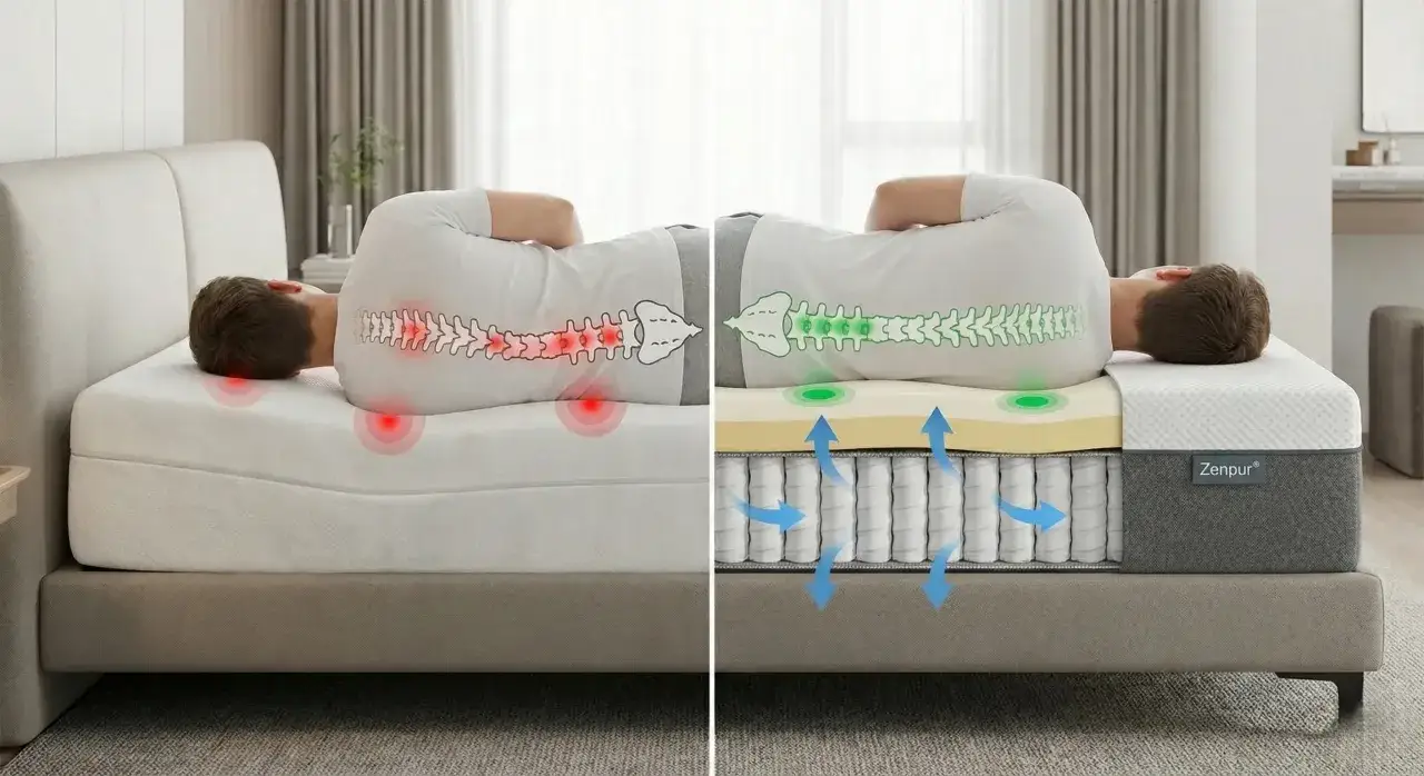 Comparaison de matelas : un matelas trop dur cause des points de pression douloureux sur le dos, tandis qu'un matelas adapt&eacute; offre un soutien optimal. Quel matelas pour mal de dos dur ou mou ?