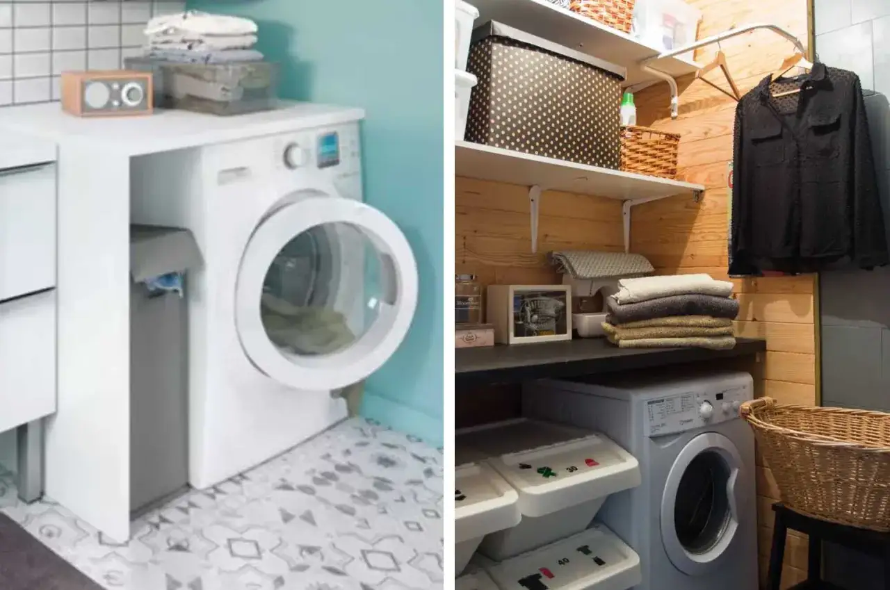 Id&eacute;es pour am&eacute;nager une petite buanderie : machine &agrave; laver, paniers &agrave; linge, &eacute;tag&egrave;res de rangement et une chemise noire suspendue.