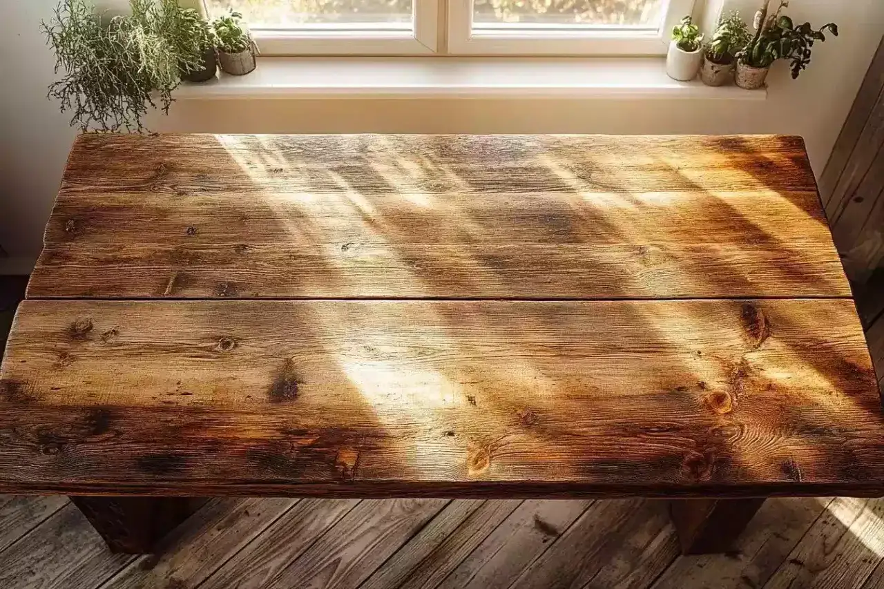 Une table en bois rustique, baignée de lumière solaire, prête pour un repas simple et authentique.