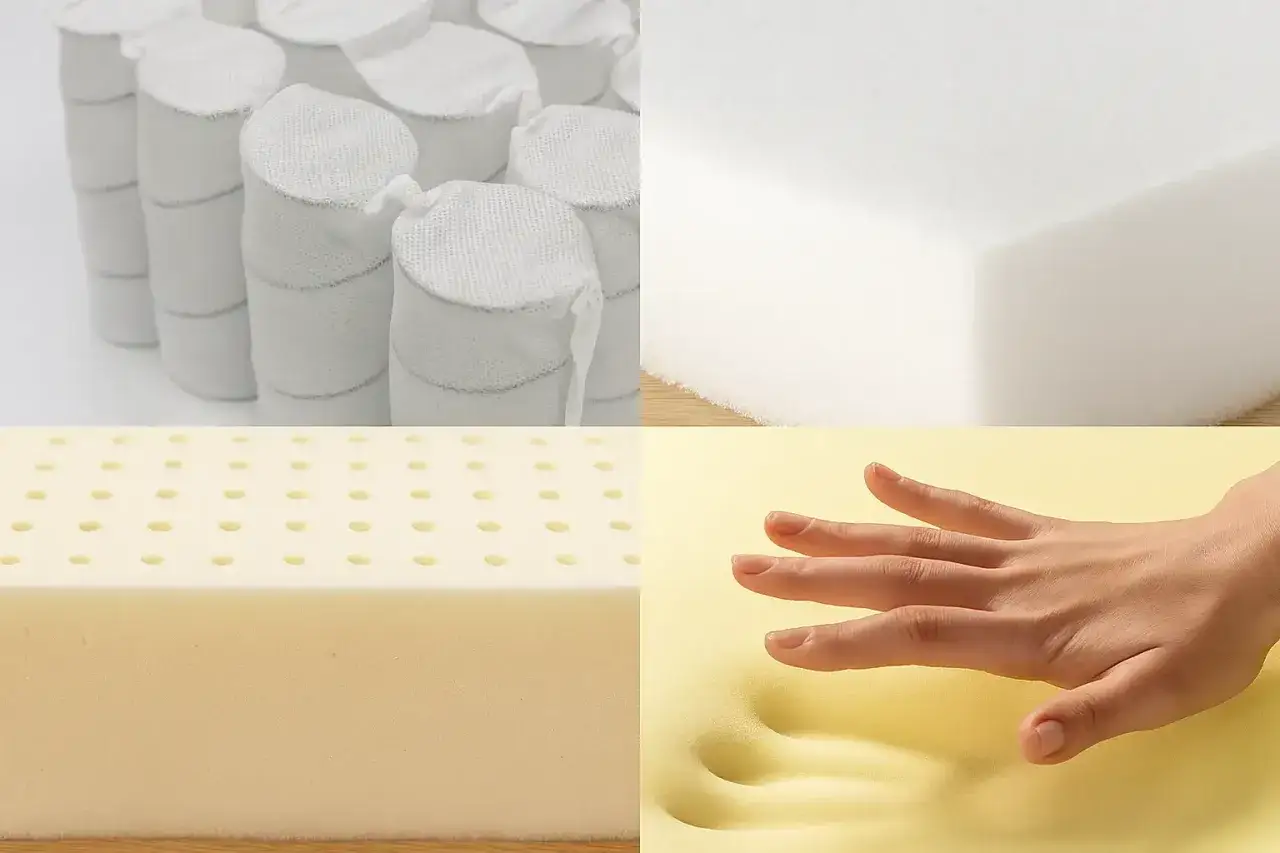 Comparaison de différents types de matelas : ressorts ensachés, mousse blanche, latex perforé et mousse à mémoire de forme réagissant à la pression d'une main.