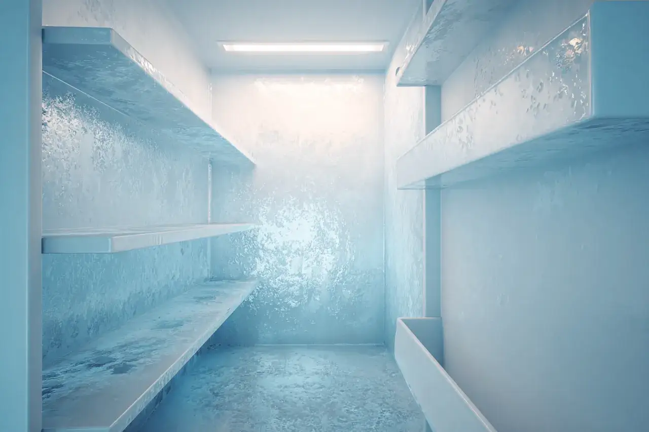 Intérieur d'un frigo vide et givré, les étagères couvertes de glace. On entend le frigo fait du bruit.