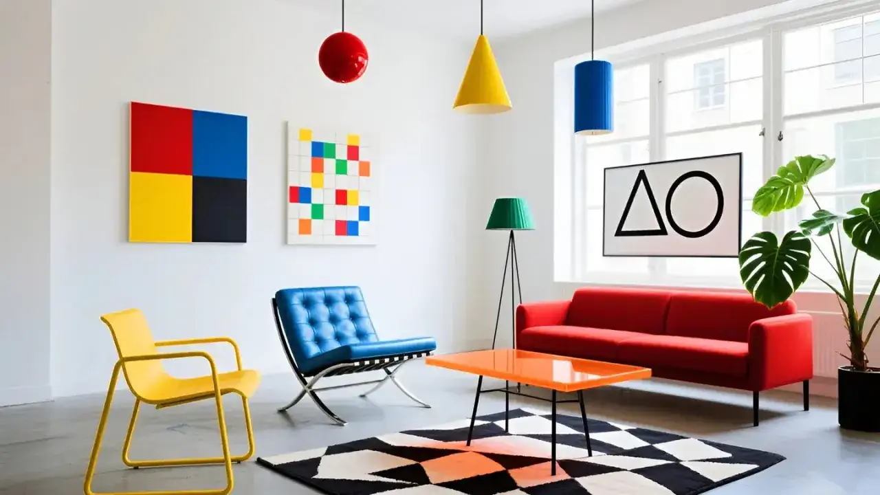 Salon lumineux au style bauhaus maison, avec fauteuil bleu, canap&eacute; rouge, chaises jaunes et tapis graphique.