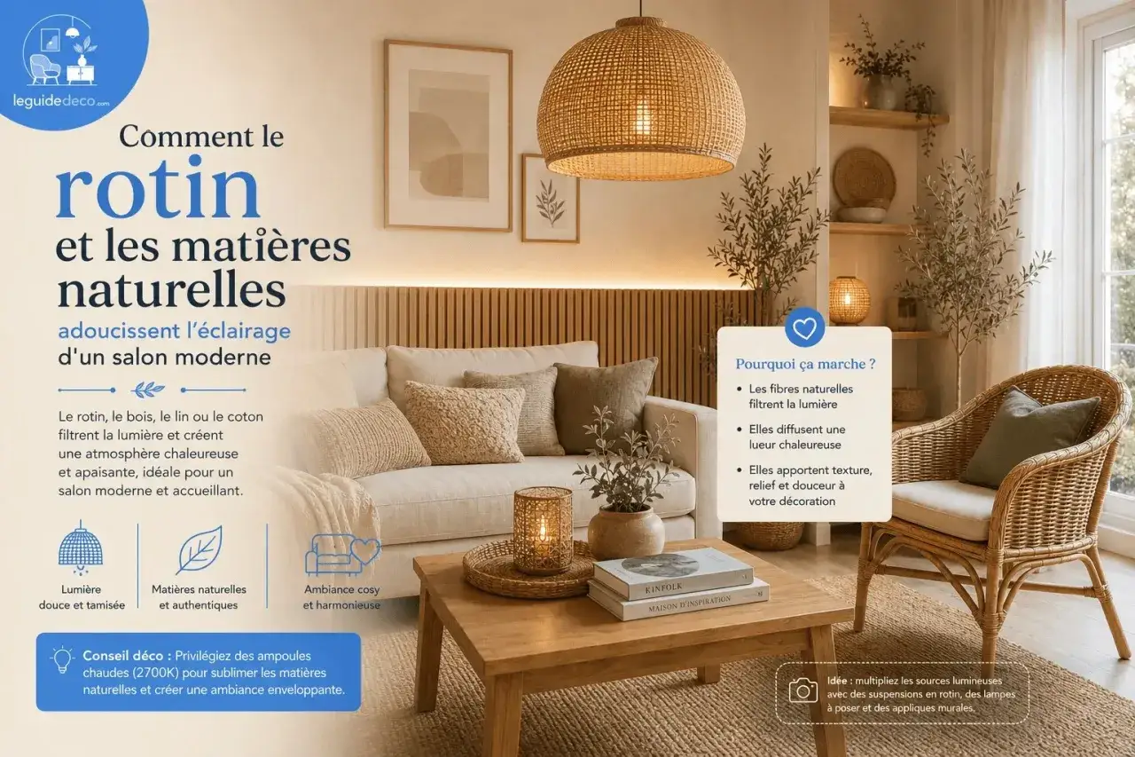 Un salon cocooning chaleureux avec un fauteuil en rotin, un canapé confortable et une suspension en rotin diffusant une lumière douce.