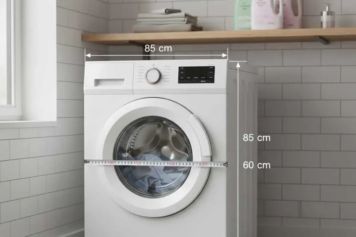 Machine &agrave; laver blanche mesurant 85 cm de largeur, 85 cm de hauteur et 60 cm de profondeur.