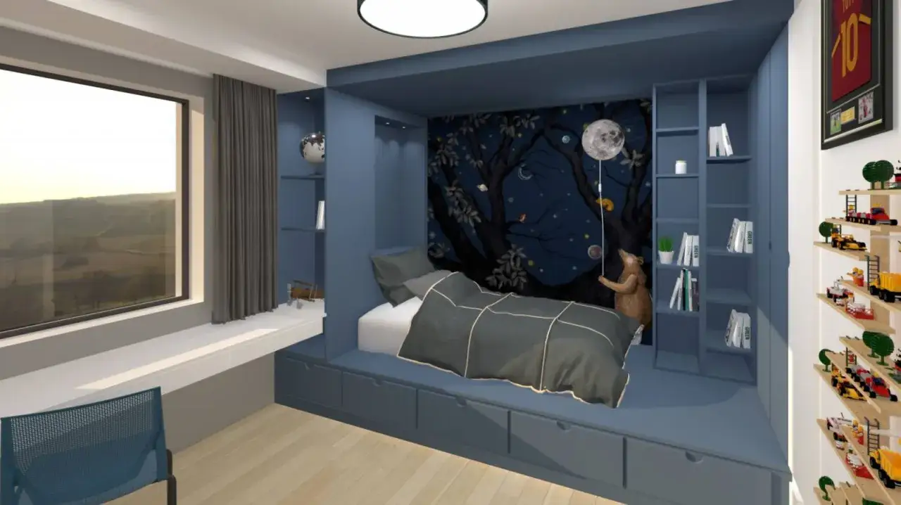 Chambre d'enfant avec lit intégré et rangements astucieux. Parfait pour une astuce rangement petit appartement, le lit cache des tiroirs et des étagères murales.