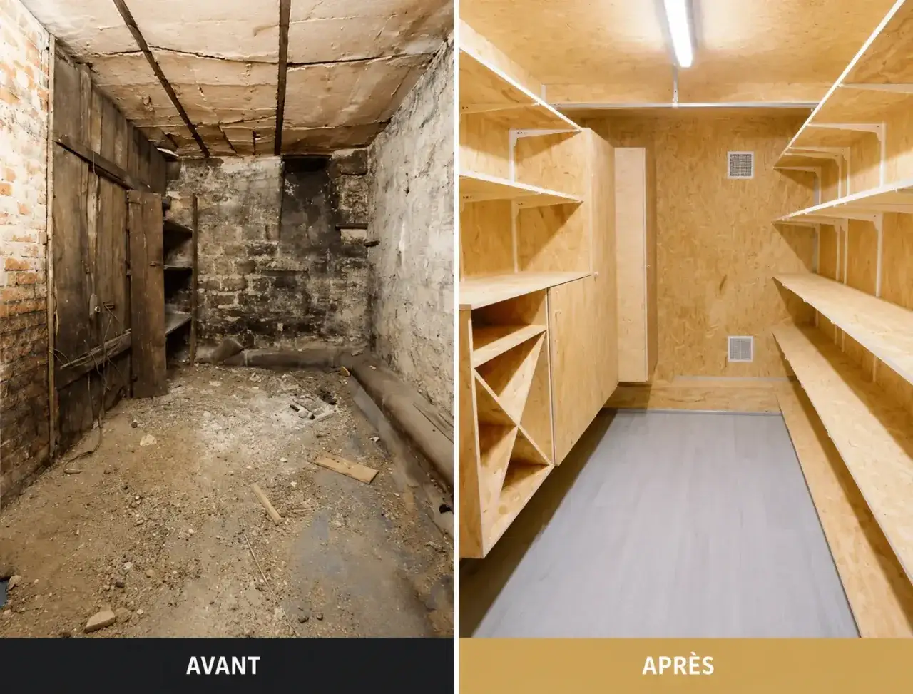 Avant/Après : une cave sombre et poussiéreuse transformée en espace de rangement lumineux et fonctionnel grâce à une rénovation complète.