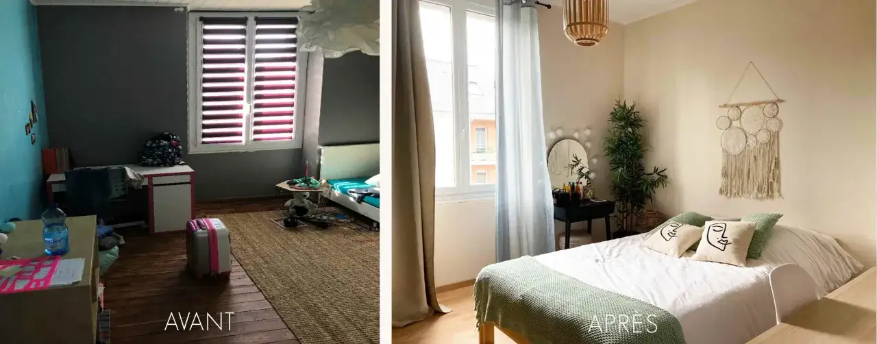 Avant/apr&egrave;s : une chambre d&eacute;sordonn&eacute;e transform&eacute;e en espace cosy gr&acirc;ce au home staging.