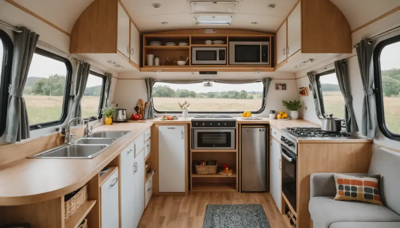 Cuisine de caravane moderne et fonctionnelle. Idées pour comment refaire l'intérieur d'une caravane avec des finitions en bois clair et des appareils intégrés.